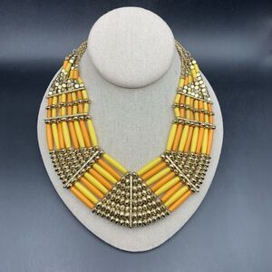 Boho Beaded Collar Necklace Orange Yellow Gold Tone Statement Bold